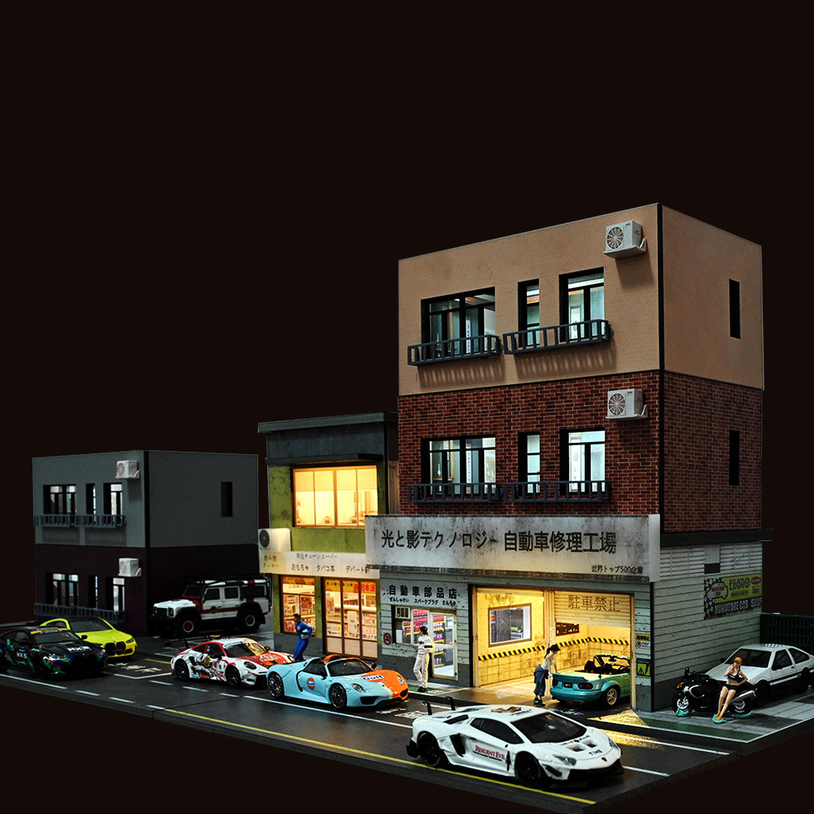 Diorama 1/64 Car Garage Model LED Street Parking Lots Building Display Model US
