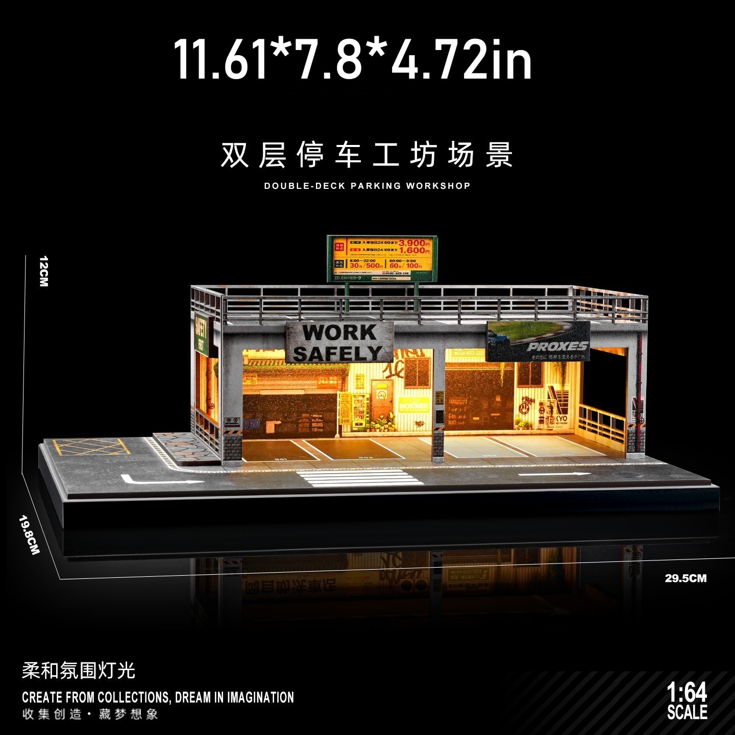 1/64 Diorama Car Garage Model LED Lighting Parking Lot Model Display Case US