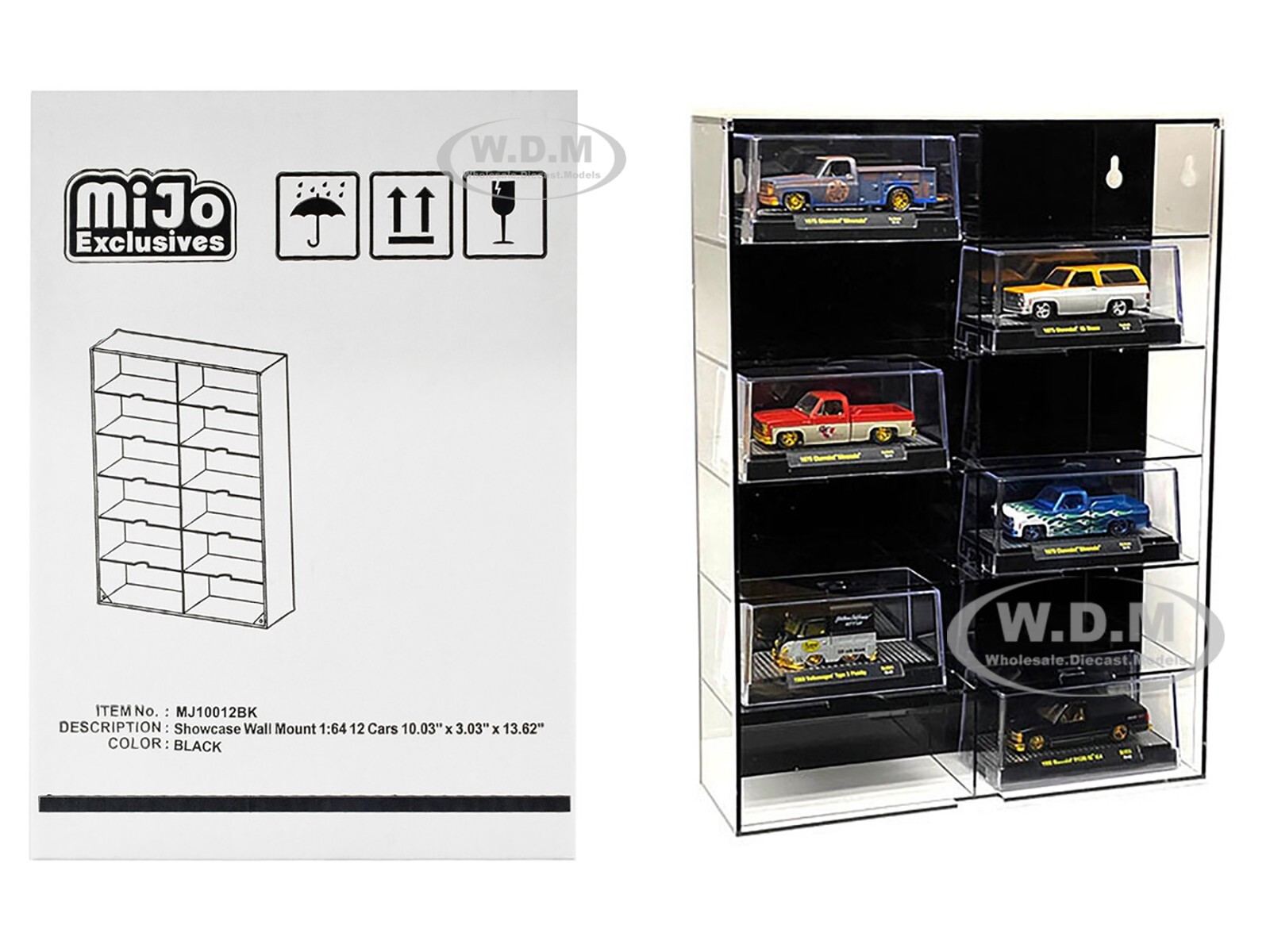 SHOWCASE 12 CAR DISPLAY CASE WALL MOUNT BLACK FOR 1/64 SCALE MODELS MJ10012 BK