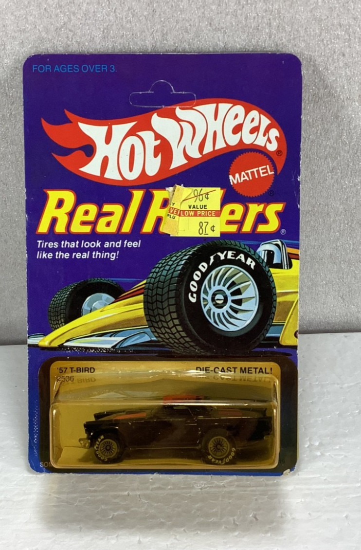 Vintage Hot Wheels 1983 Real Riders ’57 T-Bird Black Grey Hubs UnPUNCHED 2536