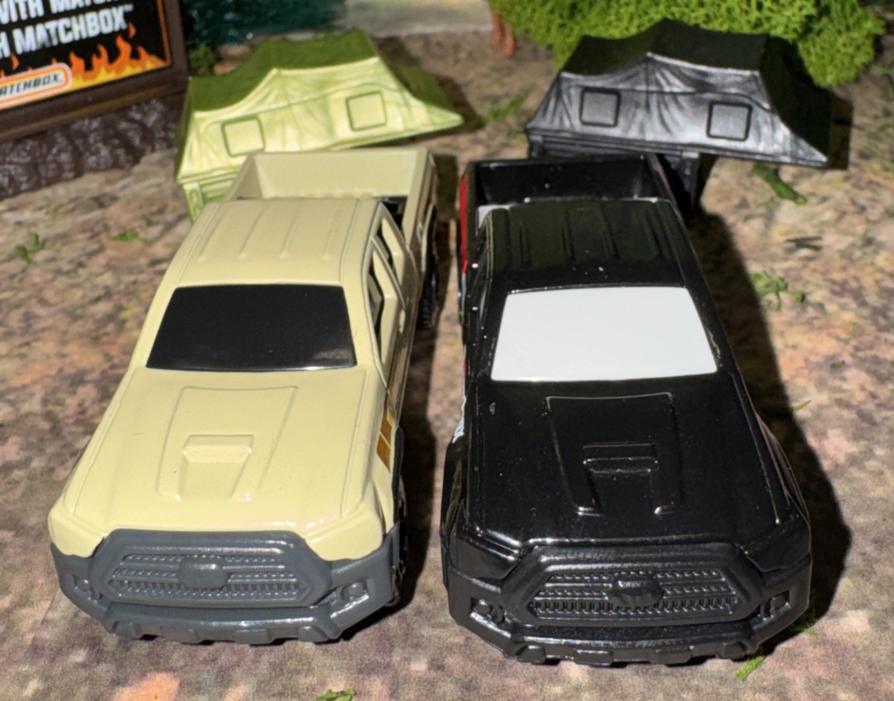 Lot Of 2 Toyota Tacoma Matchbox w/ Removable Camp Tent Black & Tan NLFFP 1:64 DC
