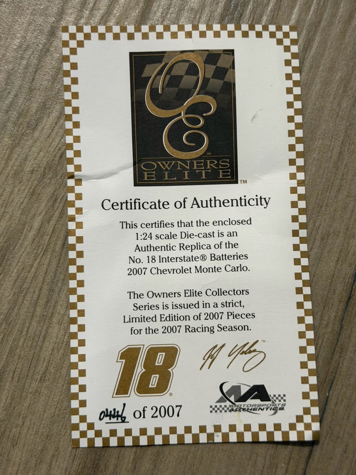 Owners Elite 1:24 #18 Interstate Batteries 2007 Chevy Monte Carlo SS Autographed