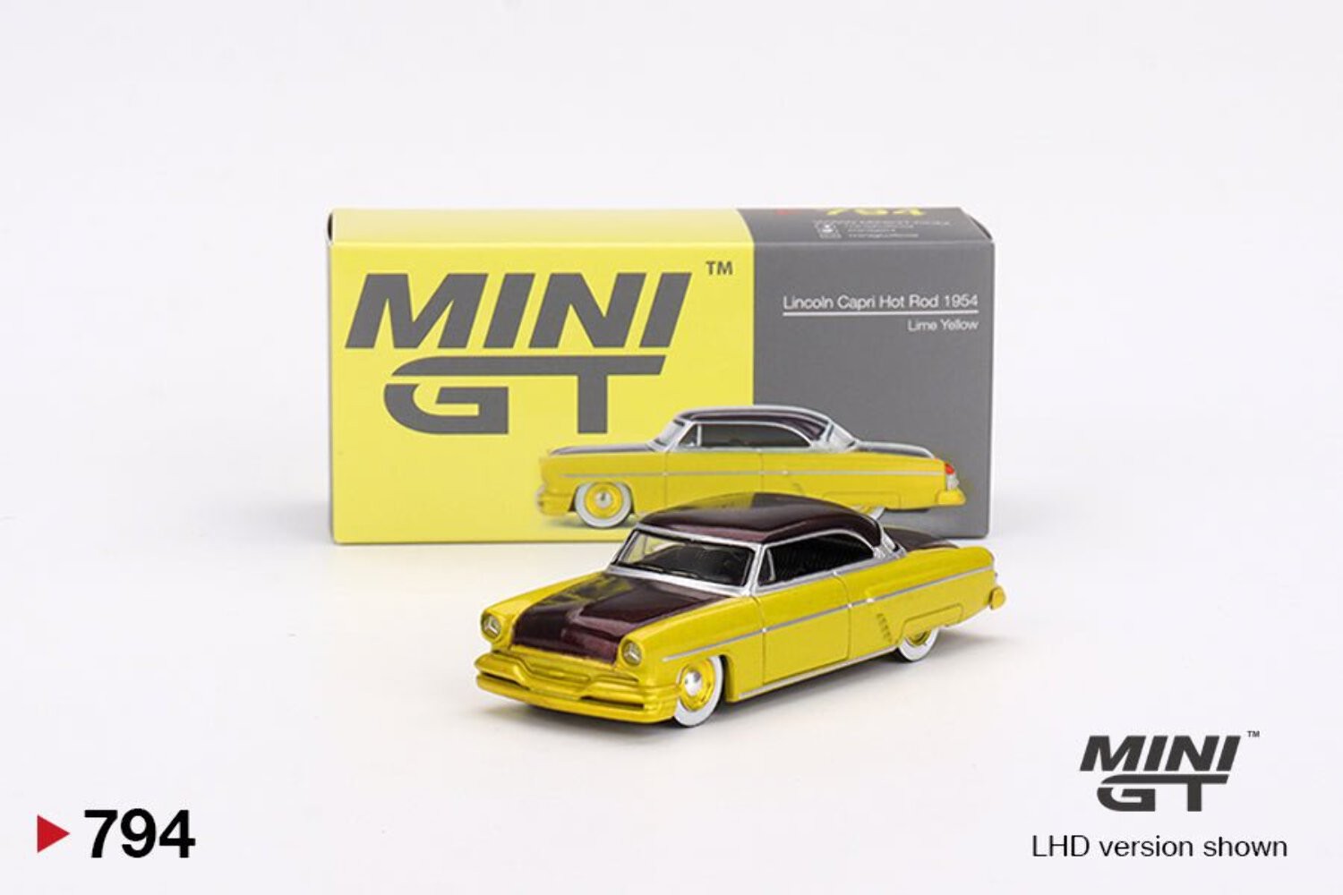 Mini GT 1:64 1954 Lincoln Capri Custom Hot Rod – Lime Yellow