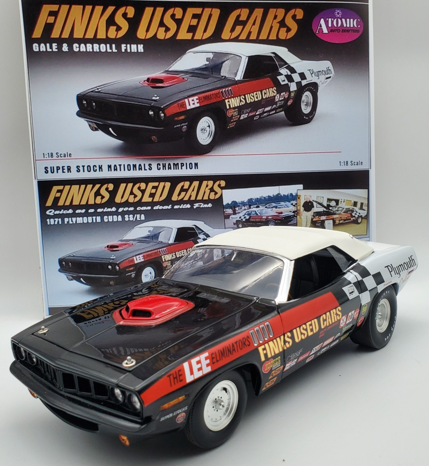 FINKS USED CARS SUPER STOCK 1:18 CUDA SS/EA 426 HEMI ATOMIC A1806130AA BRAND NEW