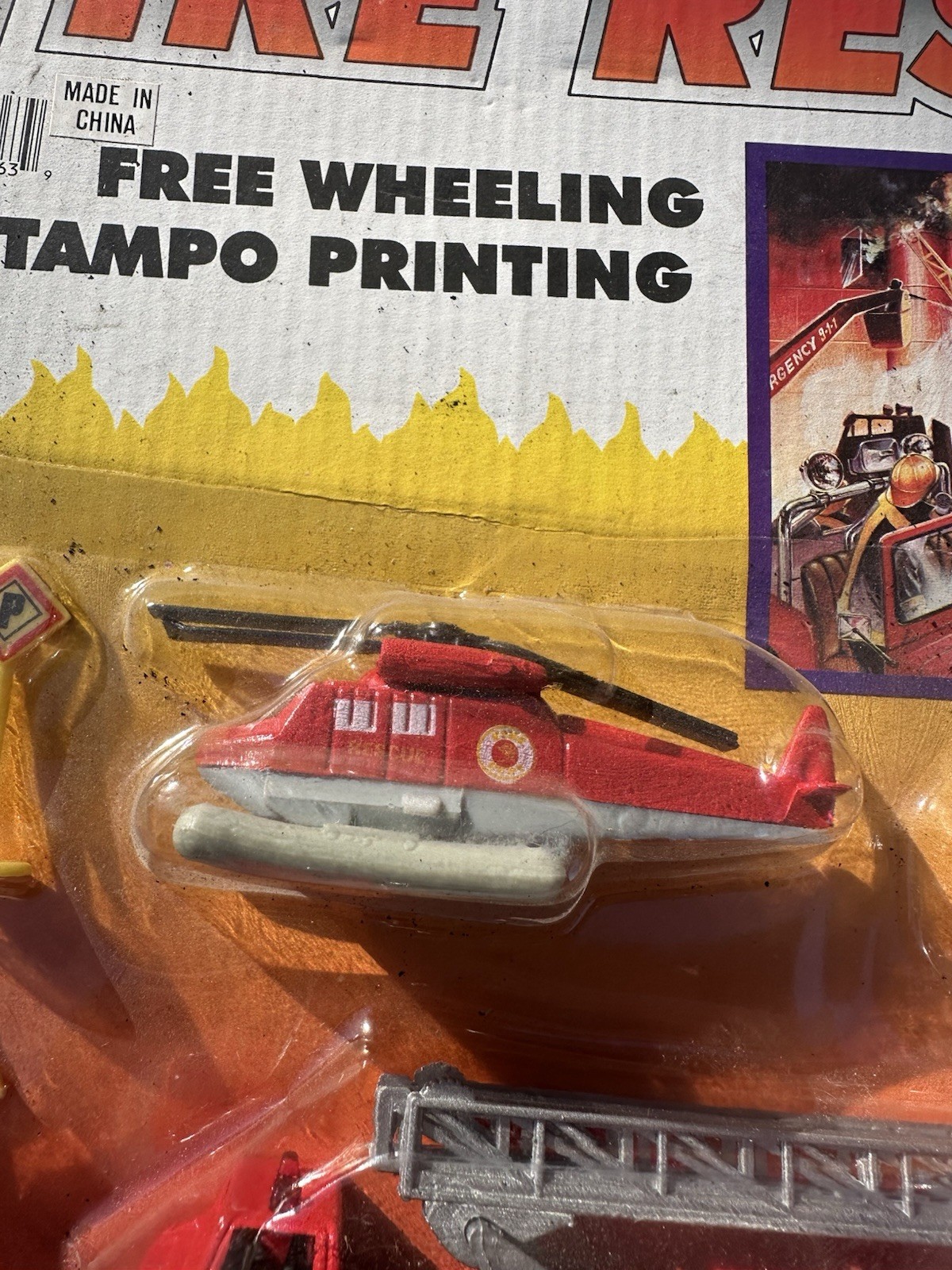 Retro Die Cast Fire Rescue Emergency Vehicle Set Sealed Ladder Truck Helicopter