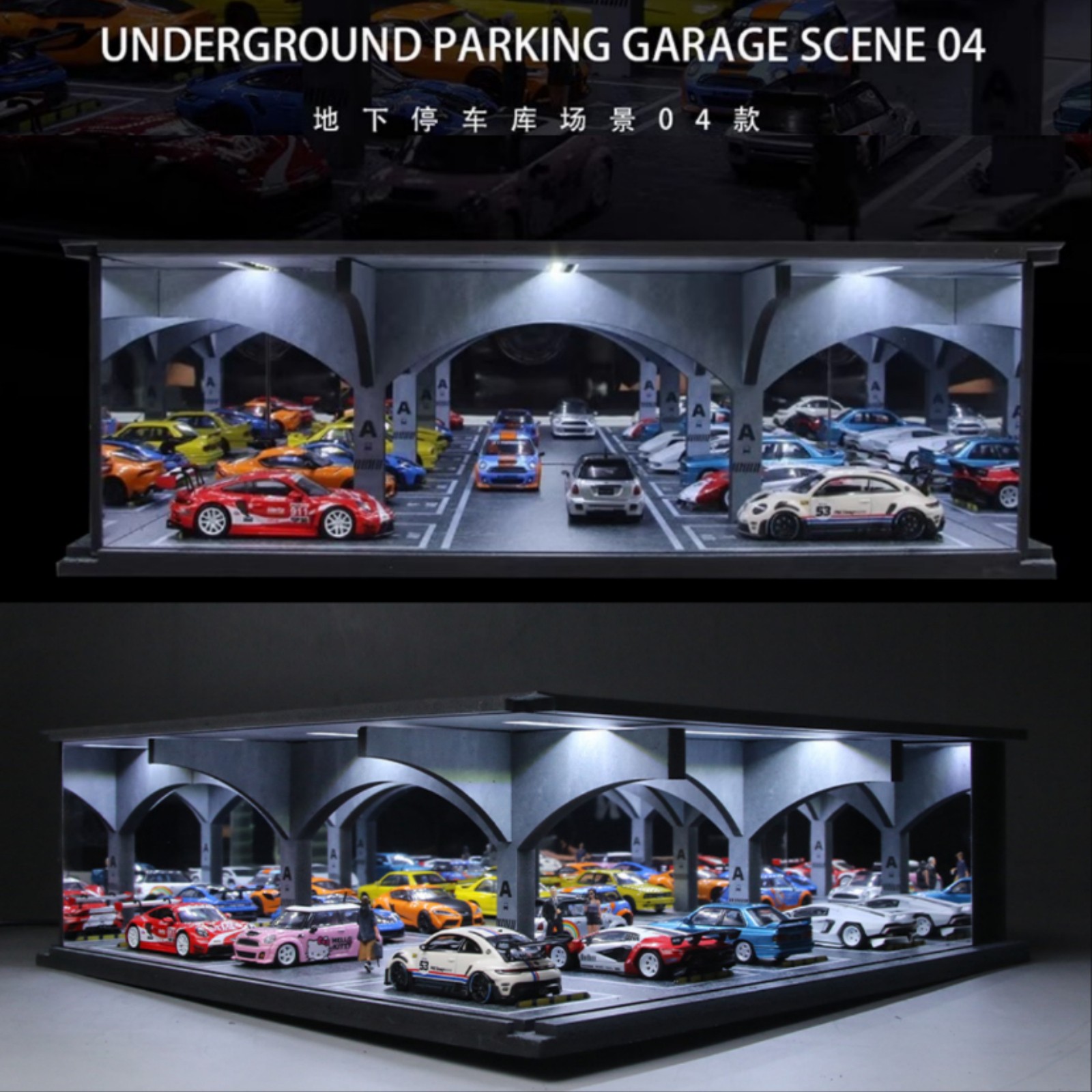 Diorama 1/64 Diecast Car Garage Model LED Lighting Car Display Building Scene US