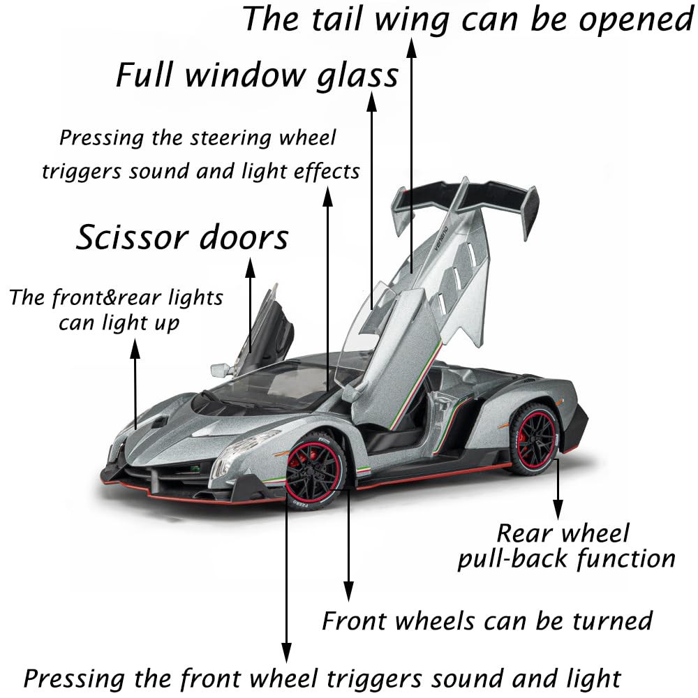 Alloy Collectible 1/24 Gray Lambo Veneno Toy Pull Back Vehicles Diecast Cars …