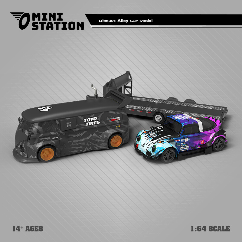 Mini Station 1:64 RWB964 / Targa 43 & T1 Van Block43 Trailer Set Model Car