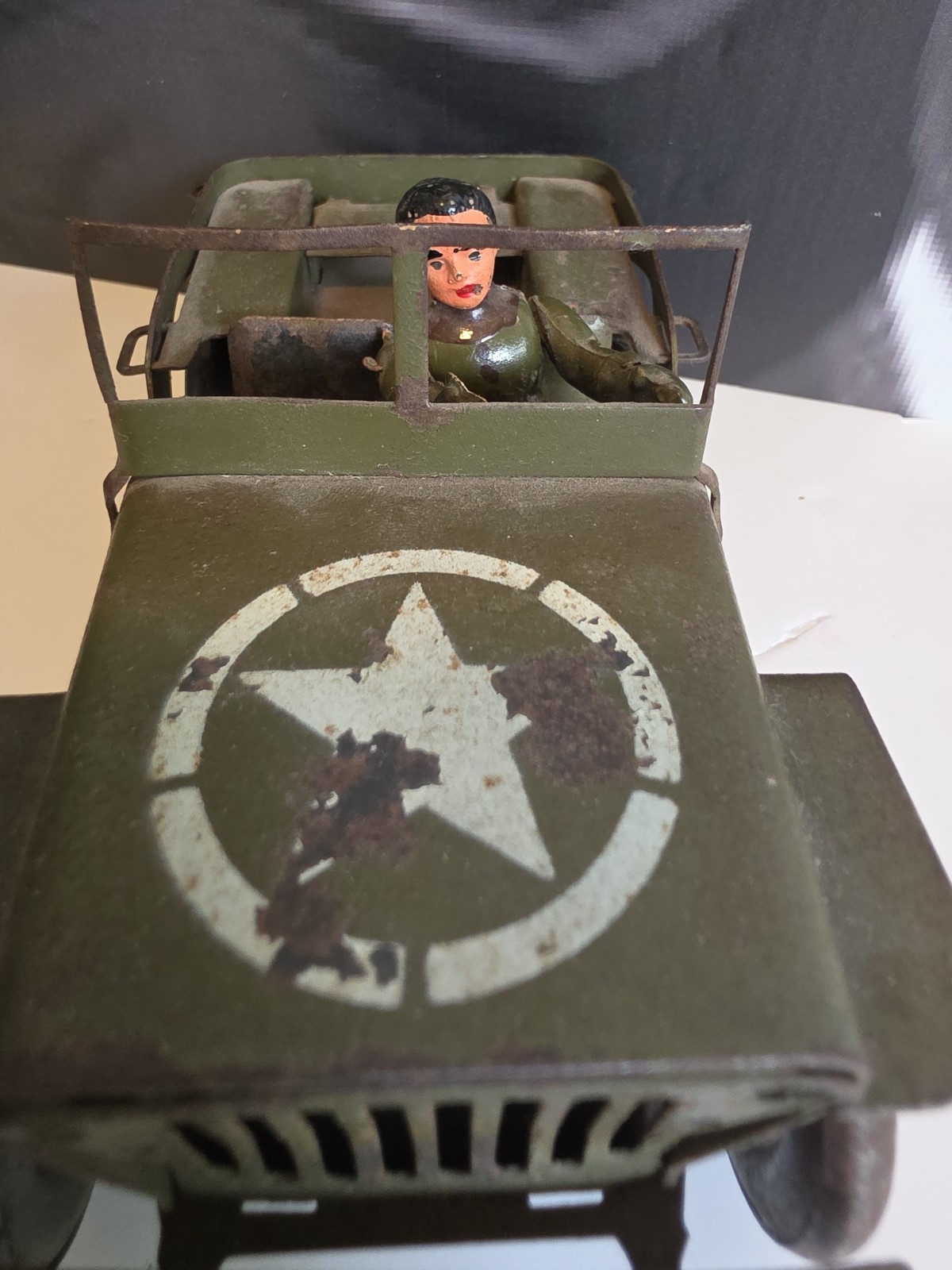 Vintage Pressed Steel Willys Jeep Military Toy w/ Driver France? 1940s 1950s