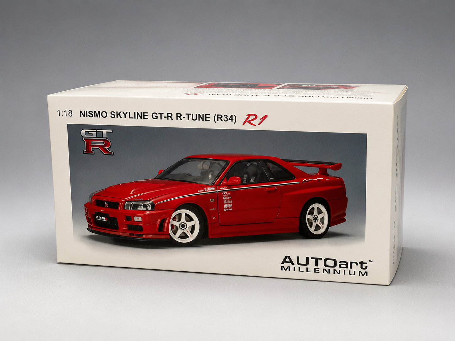 *RARE* AUTOart 1/18 Nissan Skyline GT-R R34 Nismo R-Tune R1 Active Red 77357 NEW