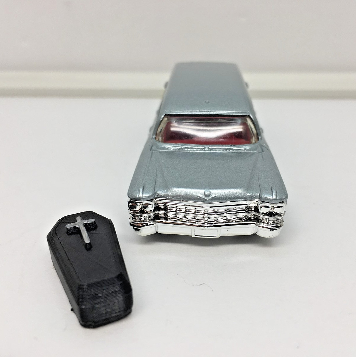 MATCHBOX Silver Metallic ’63 Cadillac Hearse, Coffin, Diorama, Man Cave,She Shed