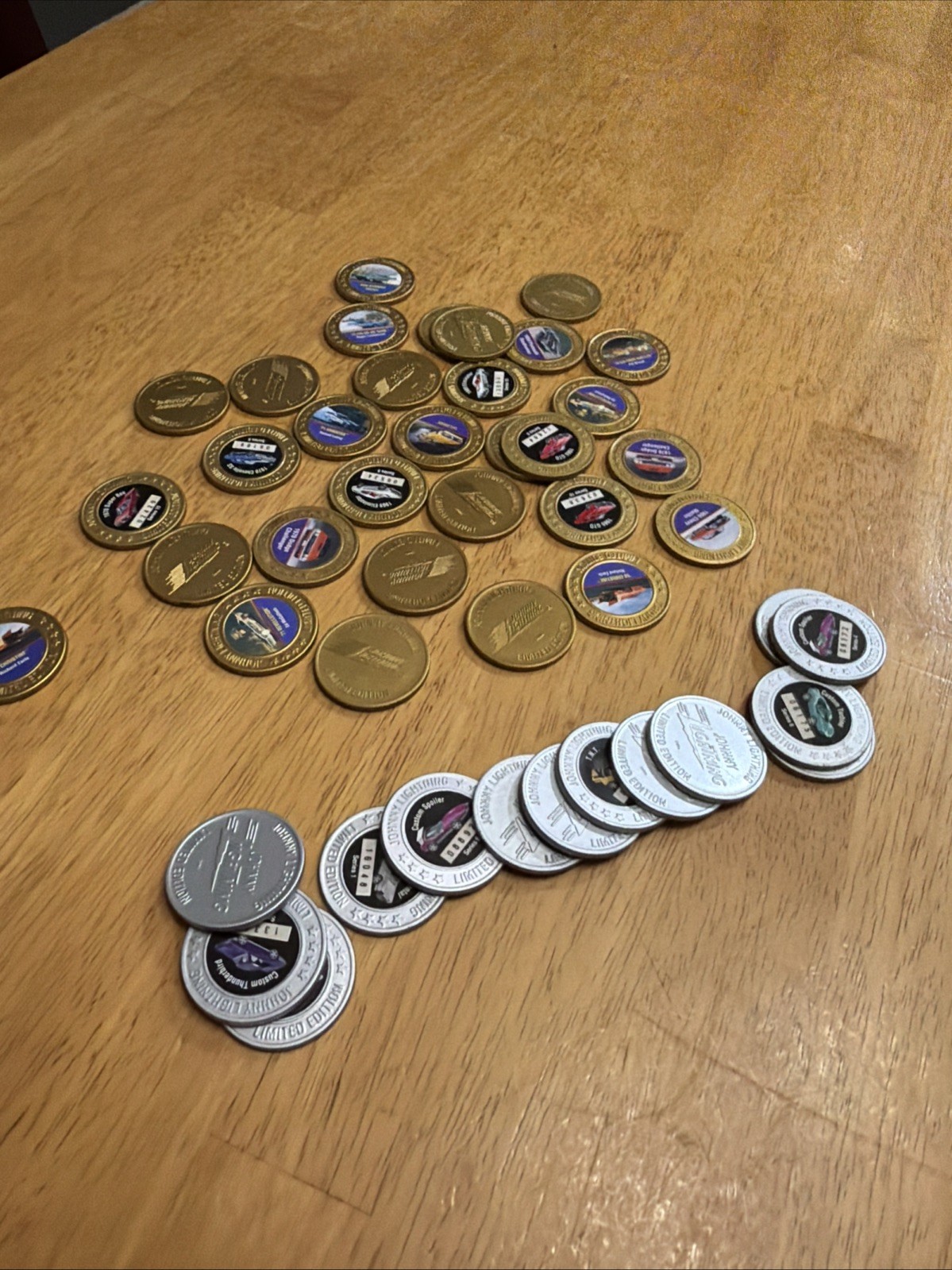 Vintage Johnny Lightning Plastic Buttons/ Coins. Lot Of 45 31 Gold 14 Silver