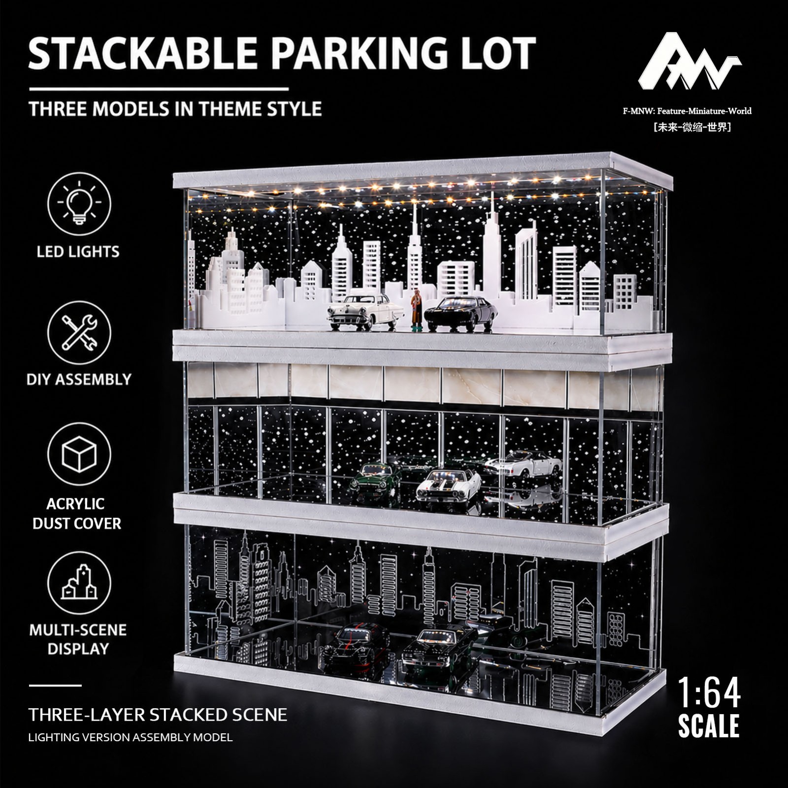 Diorama 1/64 Diecast Garage Model LED Lighting Parking Lot Display Case Scene
