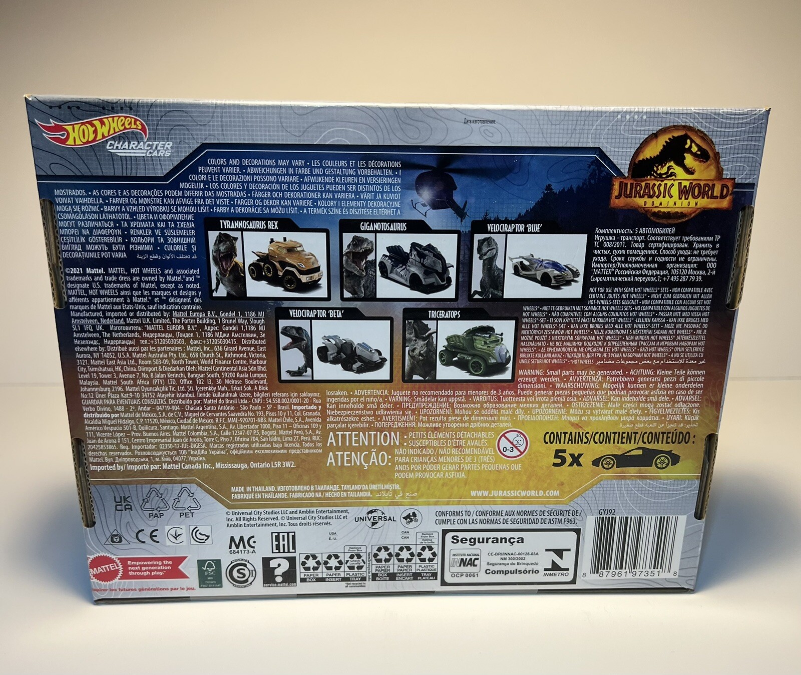Hot Wheels Jurassic World Dominion 2022 Dinosaur Character Car 5 Pack Box Set