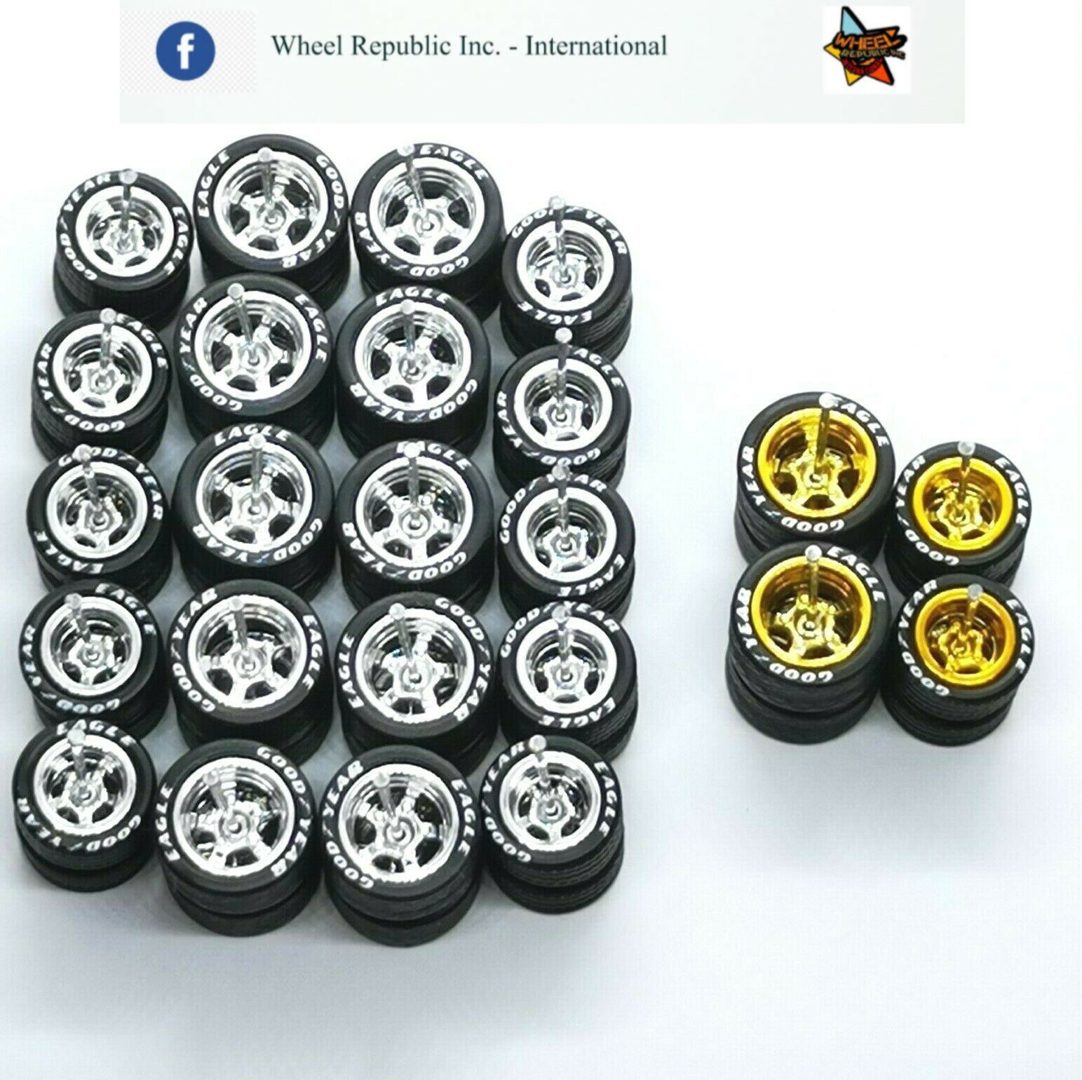 Hot Wheels Good Year Rubber Tires 24 sets 5 Spoke 12/10 mm ( Gold+Black+White