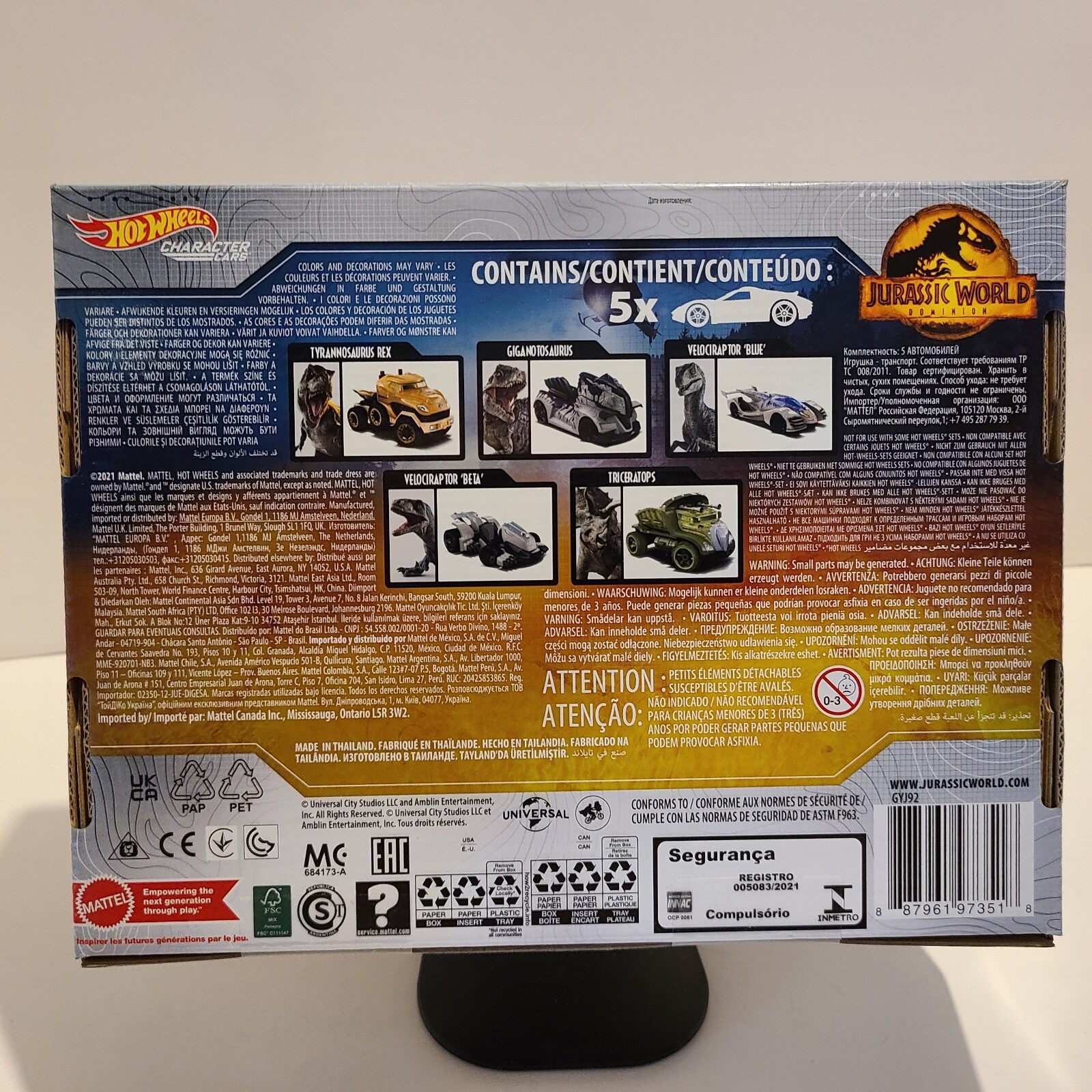 Hot Wheels Jurassic World Dominion Toy Character Cars 5-Pack in 1:64 Scale.