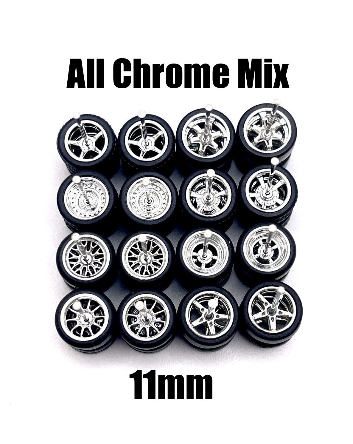 10 Sets Variety All Chrome 11mm Real Rider Wheels w/ Rubber Tire Set For 1/64