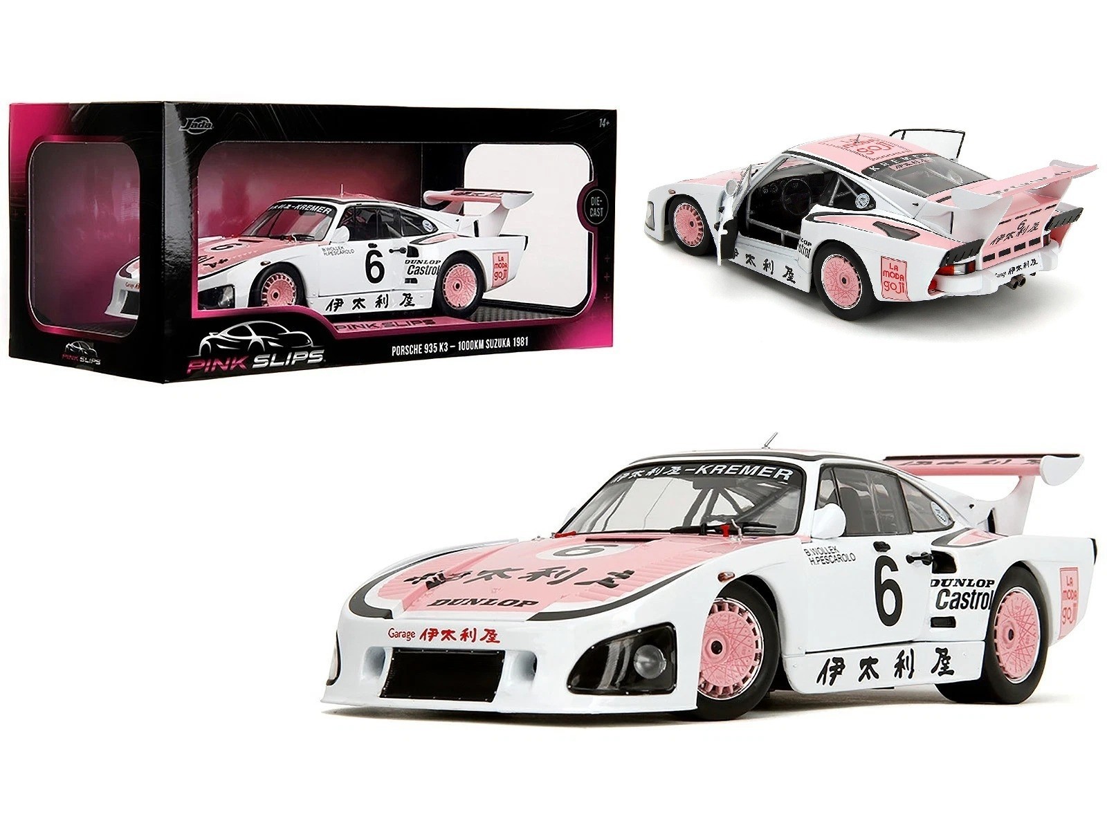 Jada 1:18 1981 Porsche 935 K3 – 1000KM Suzuka 1981 White/Pink Model Car 36386-7B