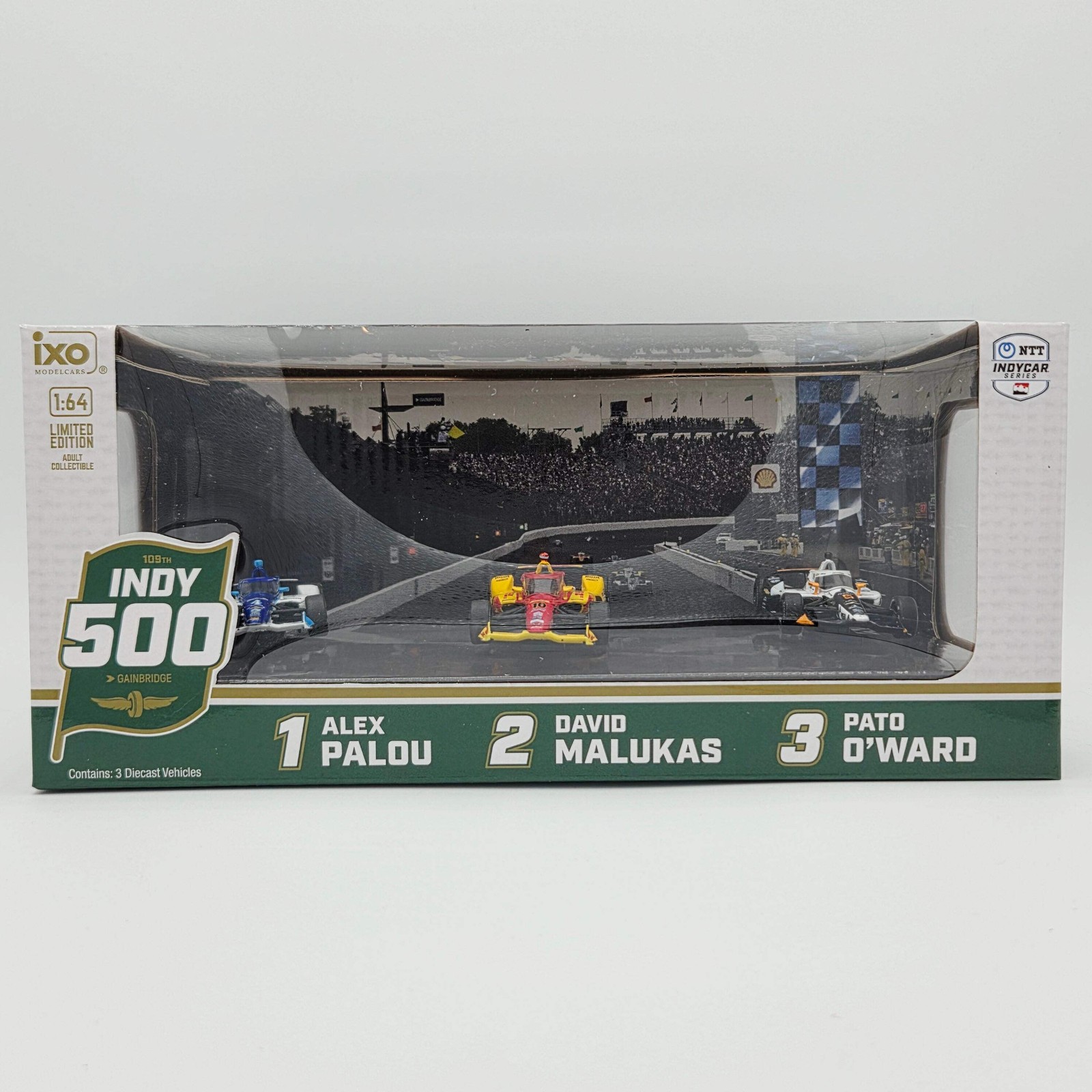 iXO Models – 2025 Indy 500 Victory Row Collector’s Set 1:64 Palou/Malukas/O’Ward