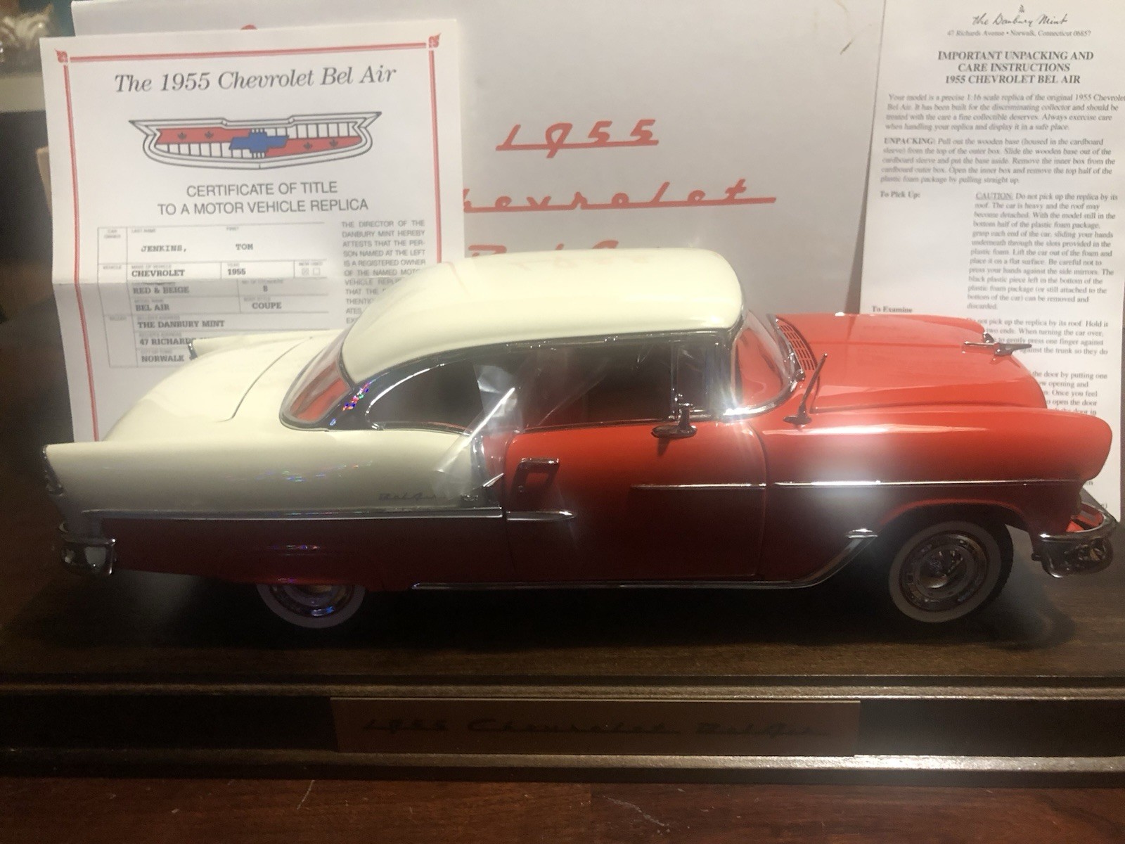 RARE 1:16 1955 Chevrolet Bel Air NIB W/ Title And Wood Stand