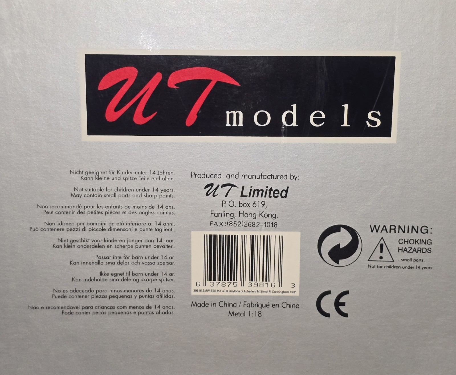 1:18 UT Limited Models BMW E36 M3 GTR Yokohama #6 Die-Cast