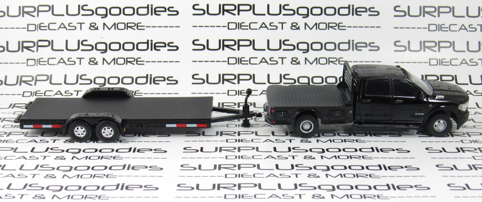 Greenlight Black 2023 DODGE RAM 3500 Flatbed Dually Pickup w/Open Car Trailer
