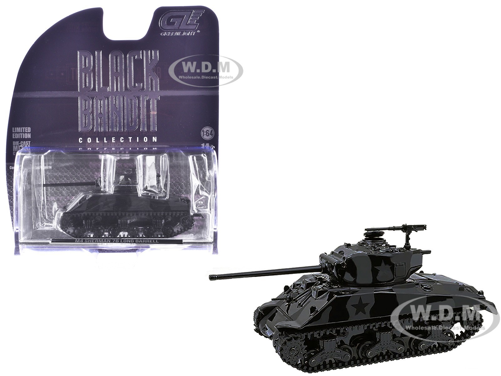 M4 SHERMAN 76 LONG BARRELL TANK BLACK BANDIT 1/64 DIECAST BY GREENLIGHT 28170 D