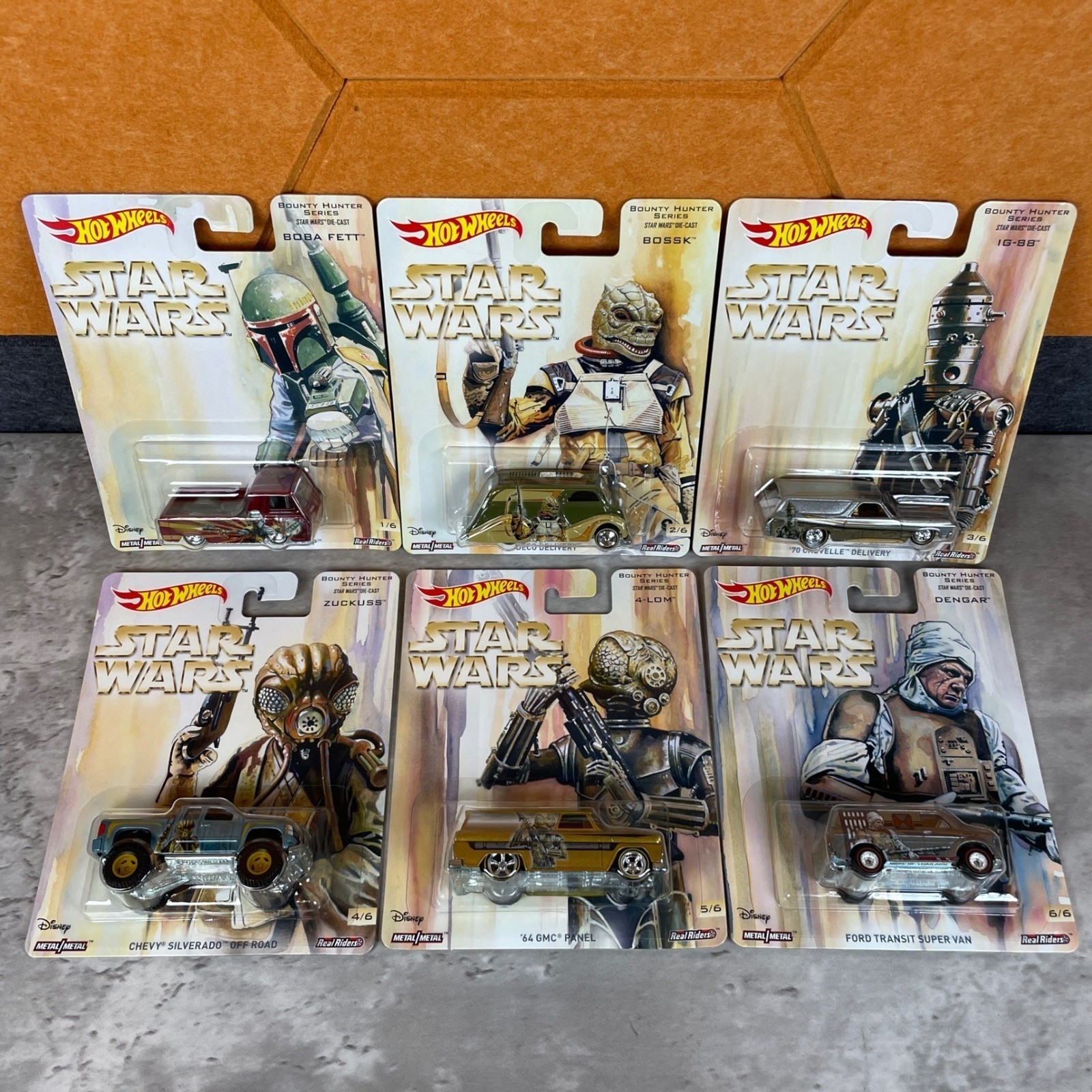 Hot Wheels Star Wars Bounty Hunter Series Complete Set of 6 Real Riders Diecast