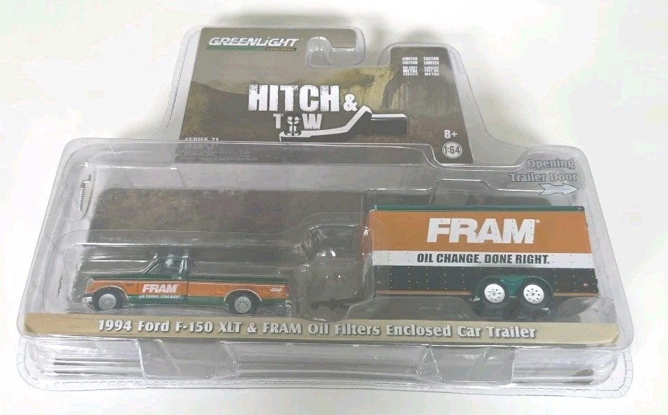 Greenlight Chase 1994 Ford F-150 XLT & Fram Oil Filters Enclosed Car Trailer