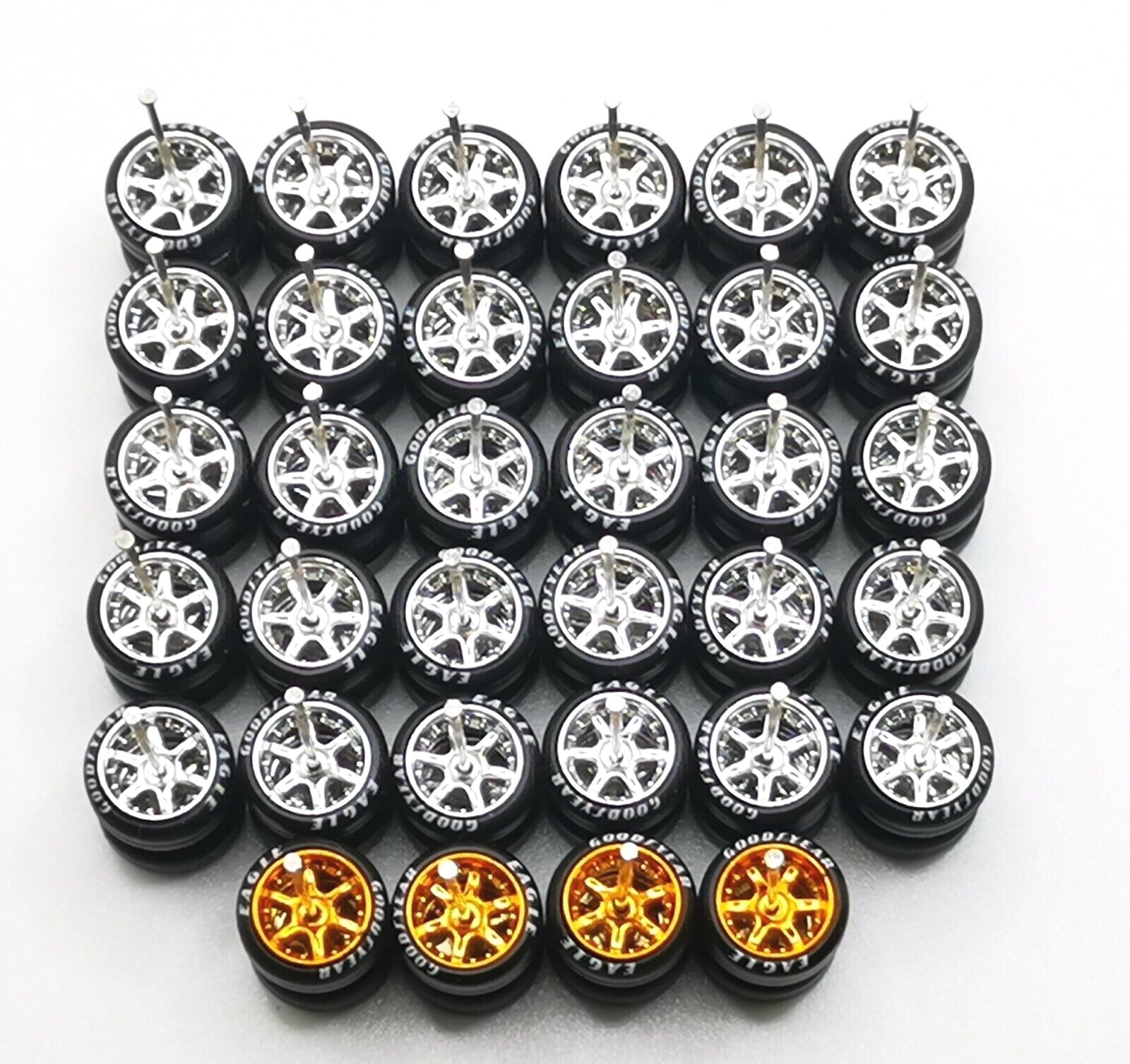 Hot Wheels Good Year 6 Spoke Rubber Tire 17 sets Chrome + Candy Bronze JDM 1:64