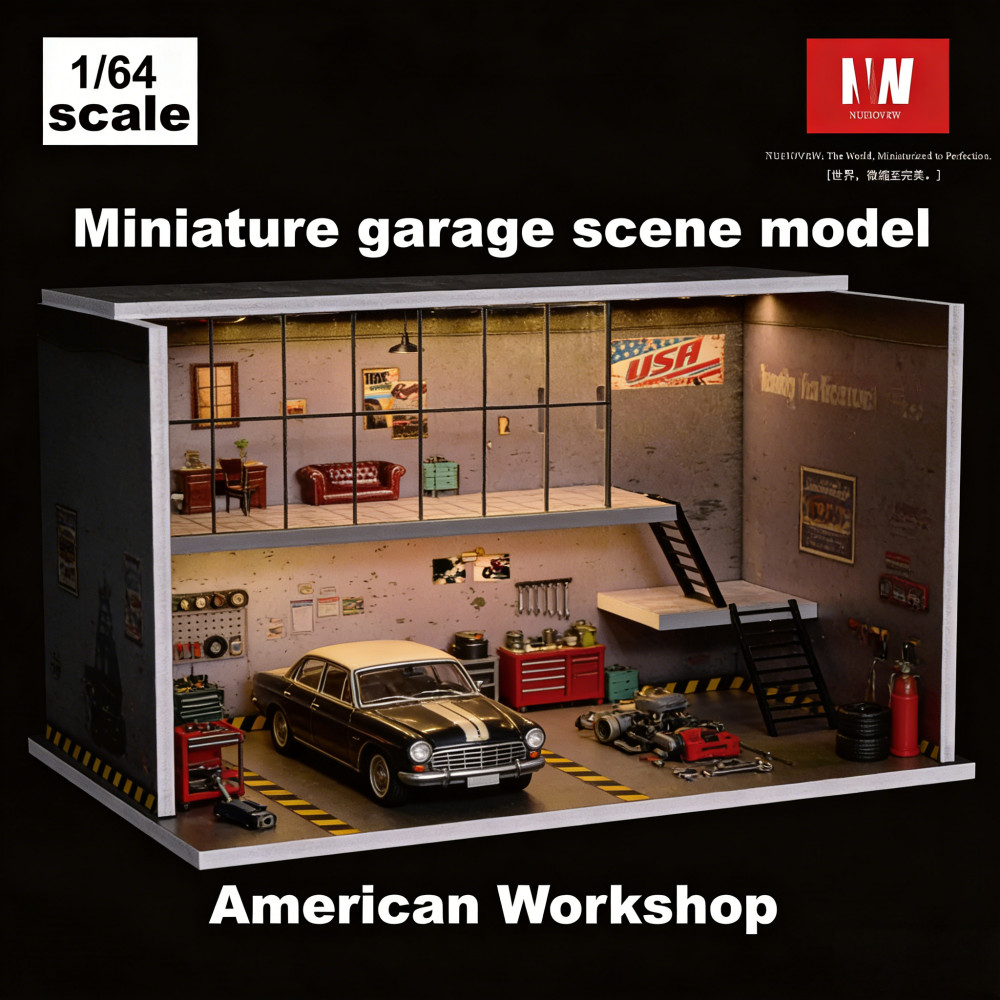 Diorama 1/64 Car Garage Model LED Car Repair Workshop ParkingLot Display Cabinet