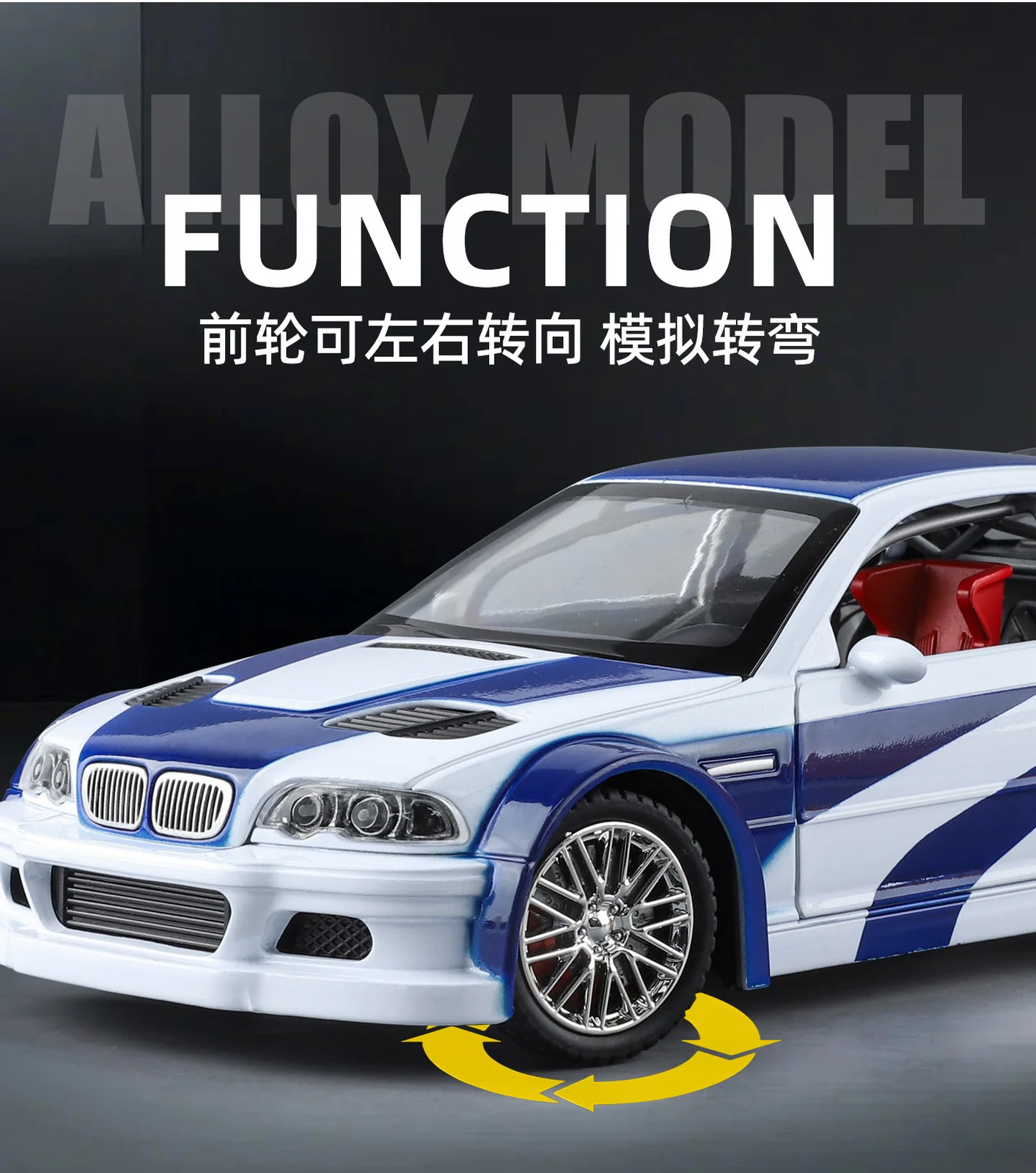 1:24 BMW M3 GTR E46 Alloy Muscle Diecast Car Model Sound Light Birthday Gift Toy