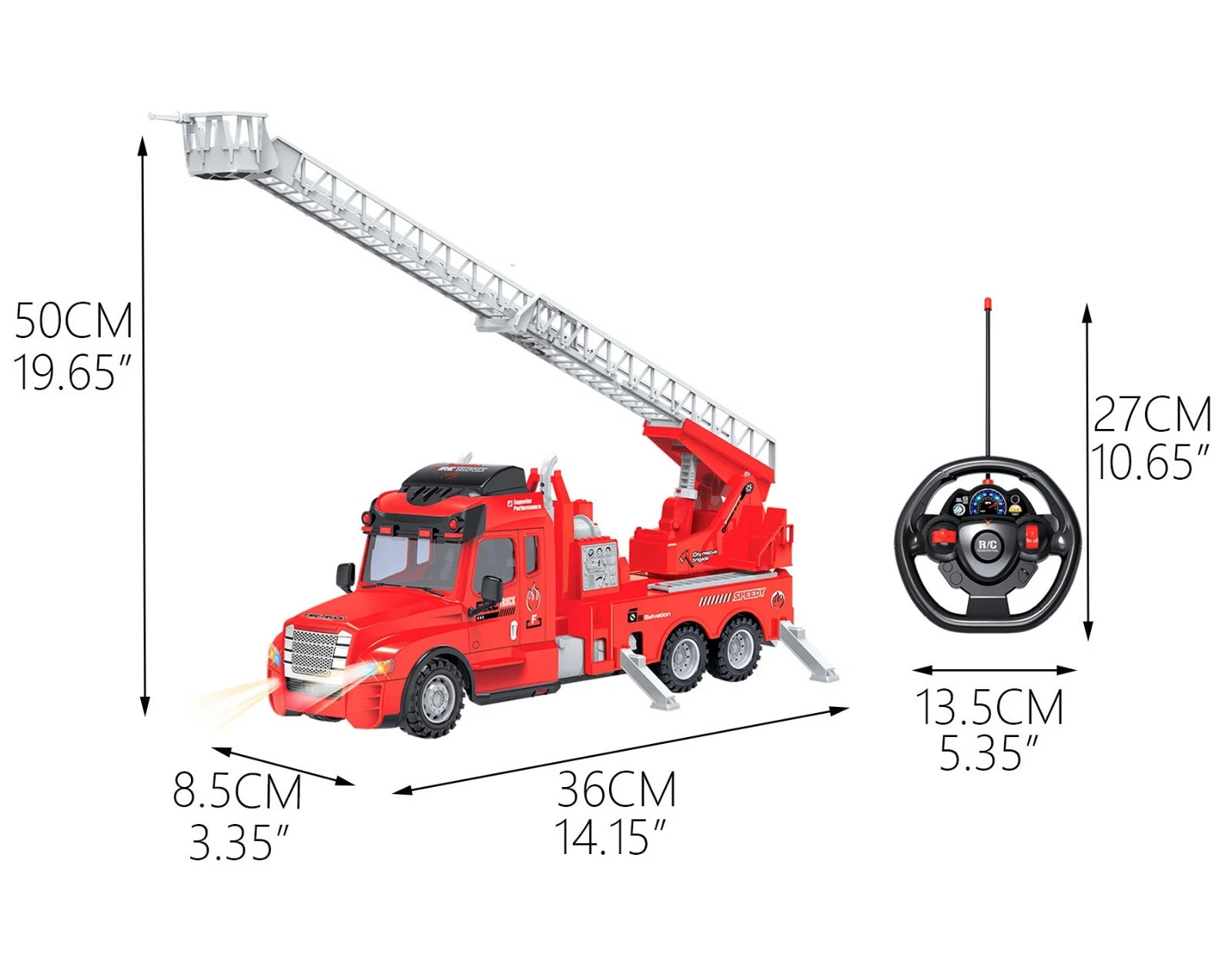 Friction Tow + RC Fire Truck w/ Ladder + RC Construction Truck Kids Toy Bundle