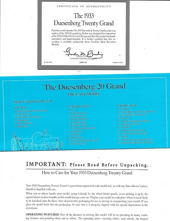 Franklin Mint 1933 Dusenberg SJ Twenty Grand B11PW73 with Box & Certificate