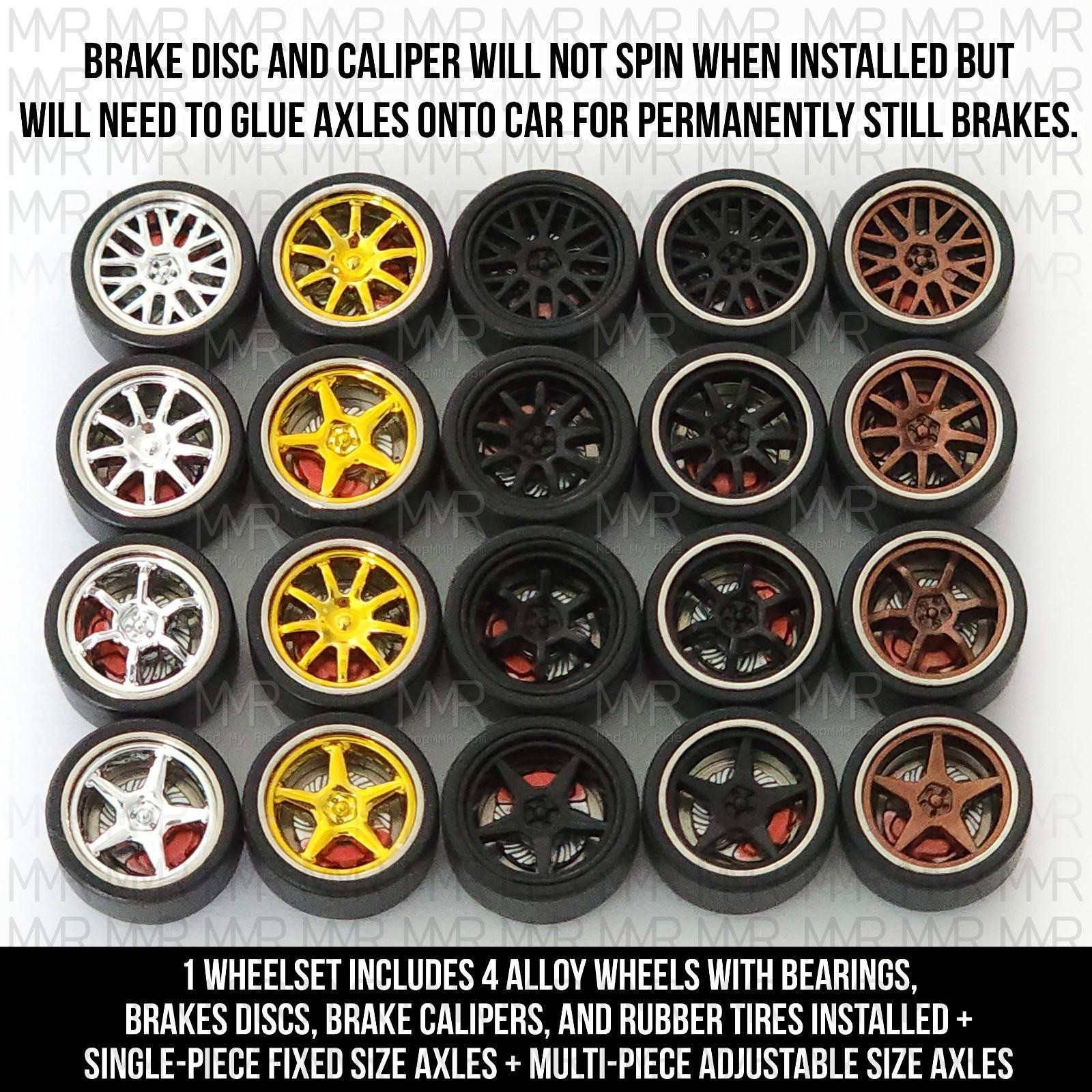 1/64 Scale ALLOY WHEELS with BEARINGS Real Rider Wheels Rims Tires Set for Hot