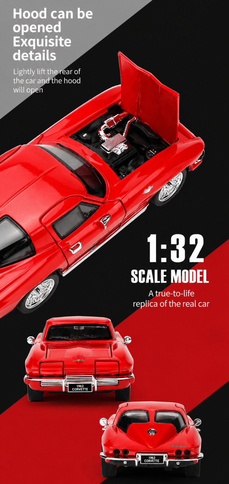 1:32 1963 Chevrolet Corvette Sting Ray C2 Coupe Model Car Collectible Toy Gift