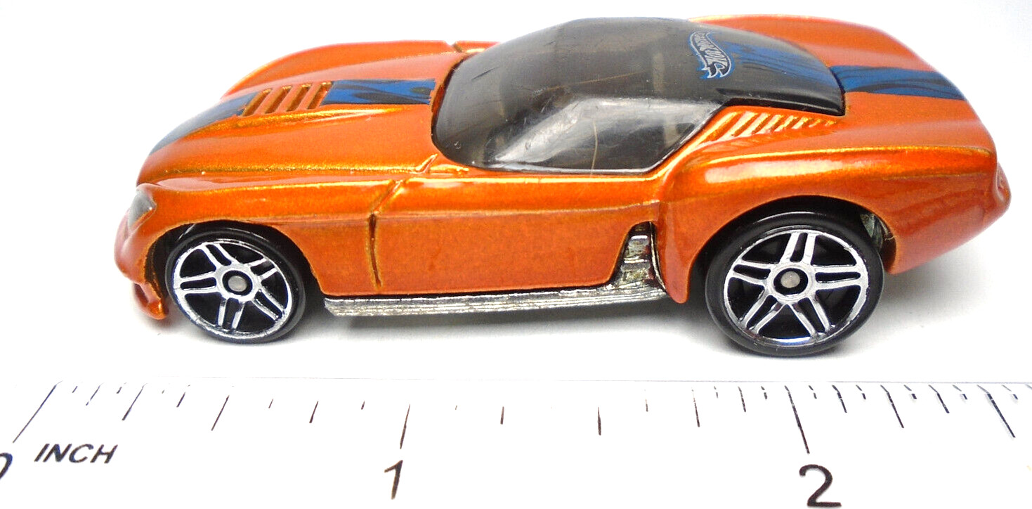 2001 HOT WHEELS PONY-UP ORANGE 1:64 DIECAST 2 3/4″ CAR WITH BLACK & BLUE FLAMES