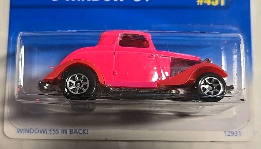 1995 Mattel Hot Wheels Blue Card Pink 3-Window 34 Car 451 with 7 Spoke Rims