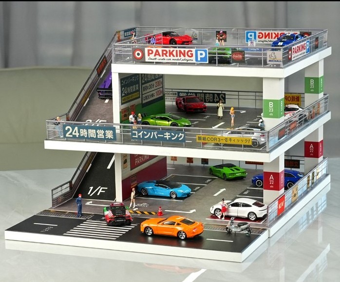 1/64 Diorama Diecast Car Garage Model LED 3-Layer Parking Lots Building Scene US