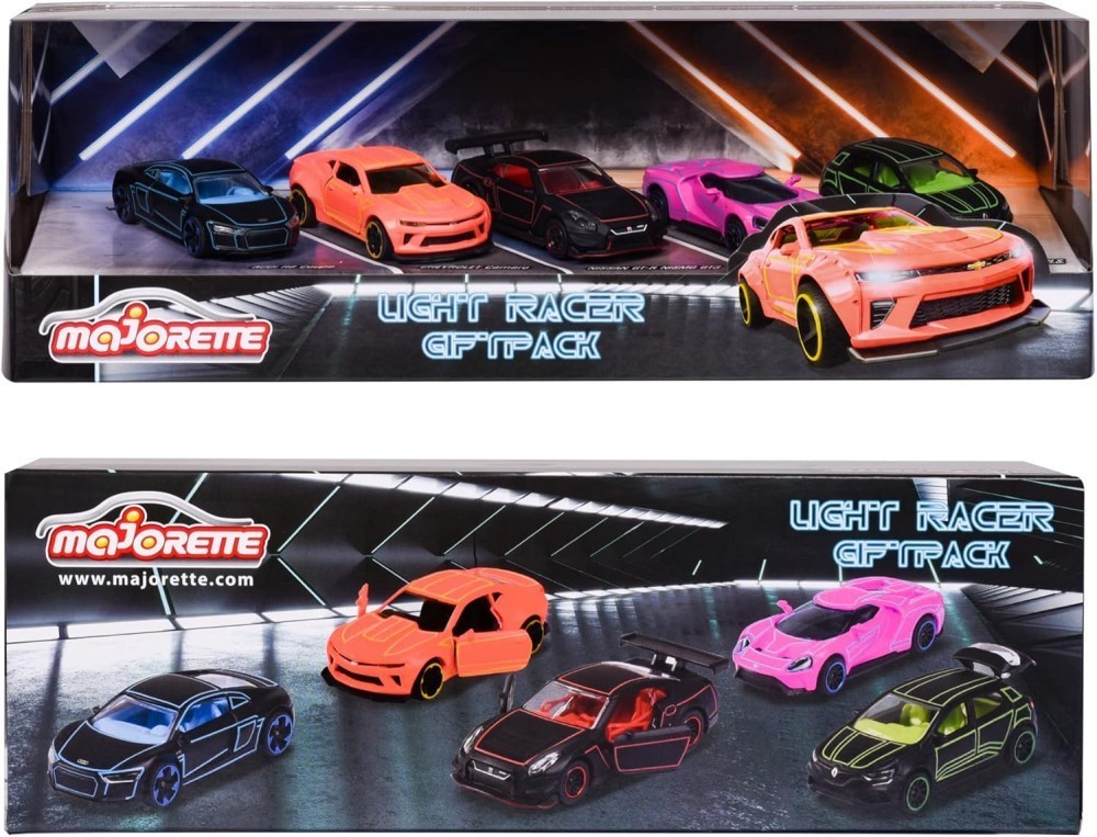 Majorette Light Racer 5-Car Set · Neon Colours · Brand New · Free UK P&P