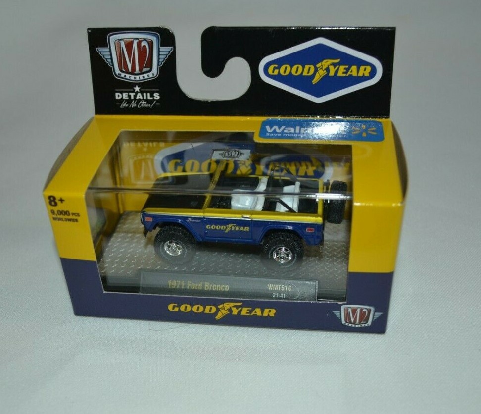 M2 MACHINES 2021 GOODYEAR – 1971 FORD BRONCO BLUE AND YELLOW WMTS16