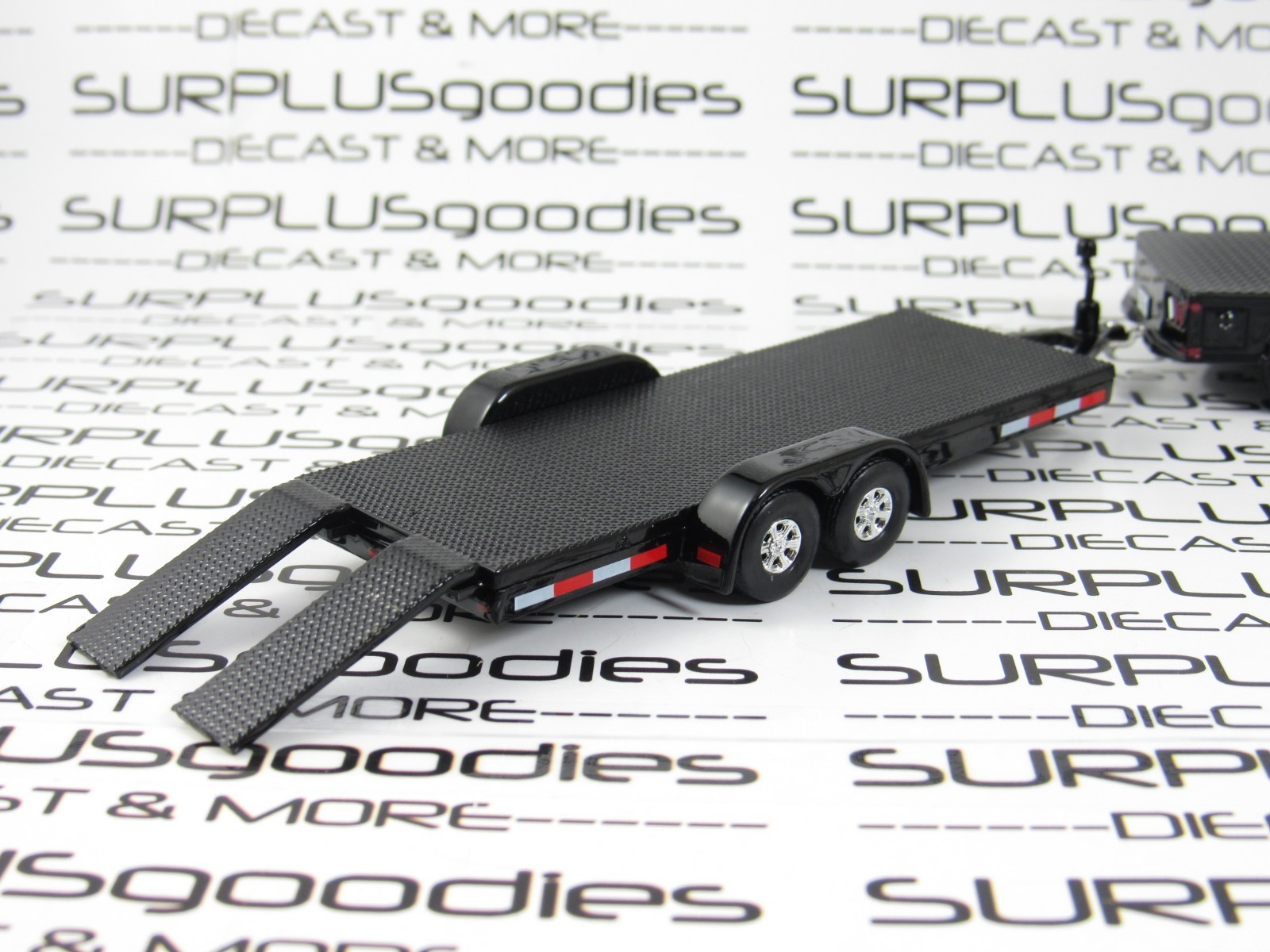 Greenlight Black 2023 DODGE RAM 3500 Flatbed Dually Pickup w/Open Car Trailer