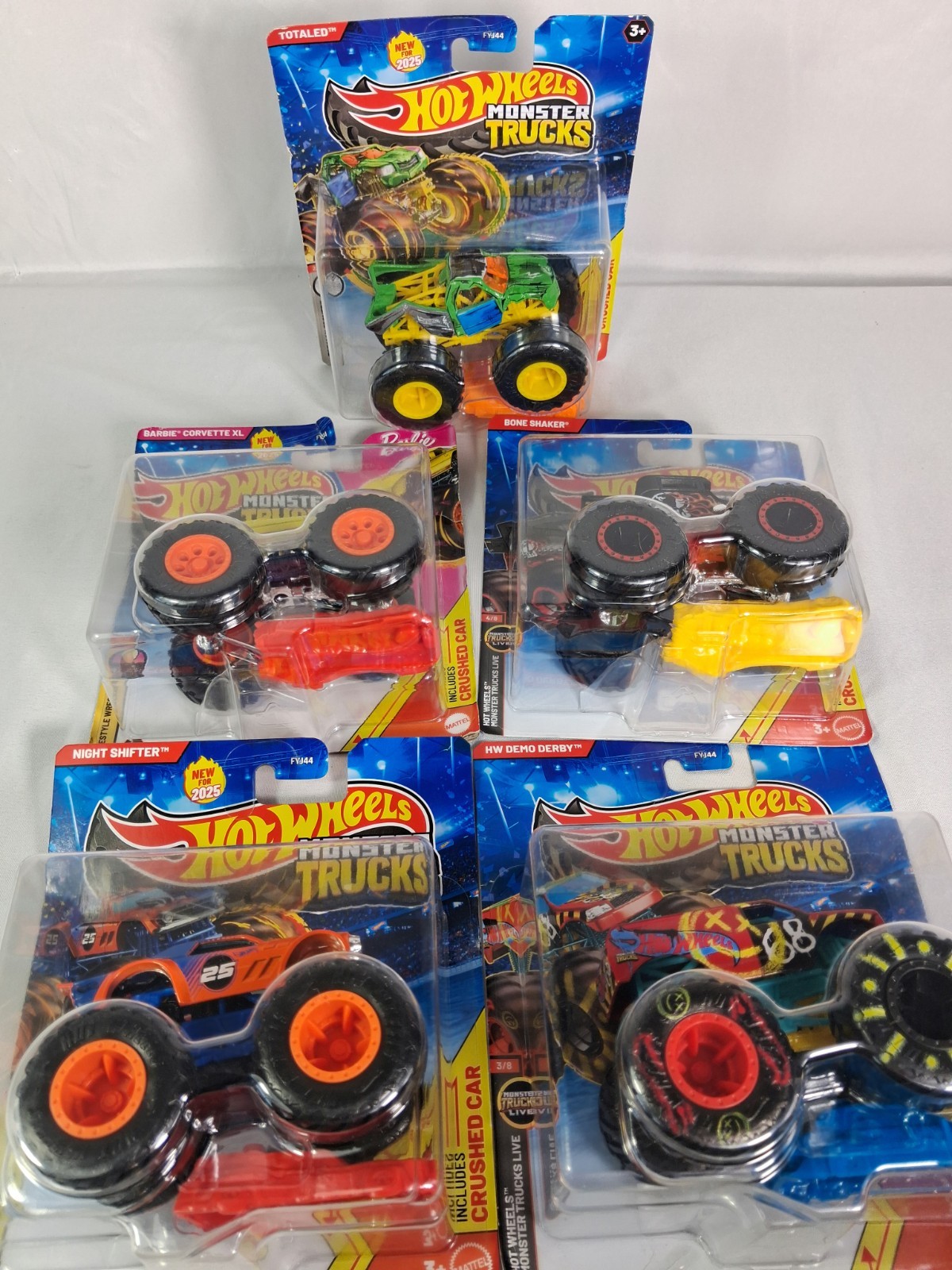 Hot Wheels Monster Trucks Lot of 5 Bone Shaker Totaled Barbie Corvette XL Night