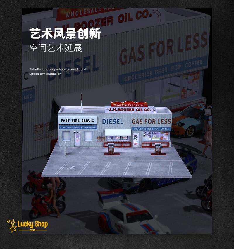 Diorama 1/64 Car Parking Lot Model LED Lights City Car Gas Station Scene Display