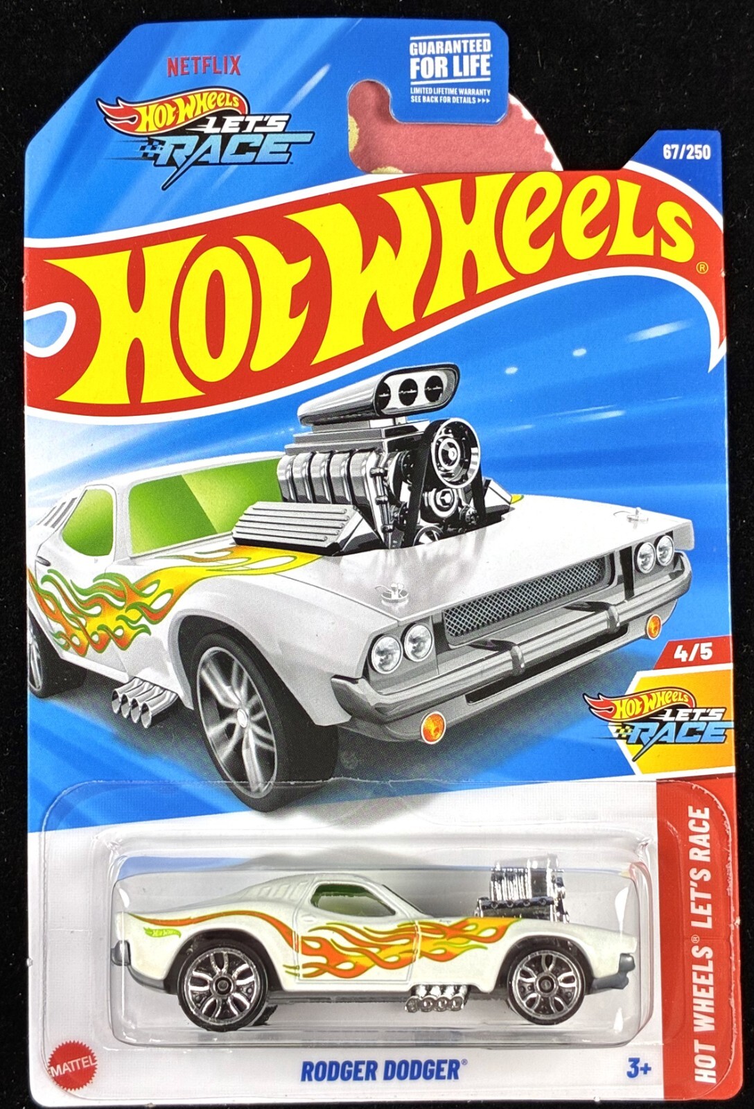 Hot Wheels Rodger Dodger & 2.0 2025, White With Flames,Netflix Let’s Race 2 Cars