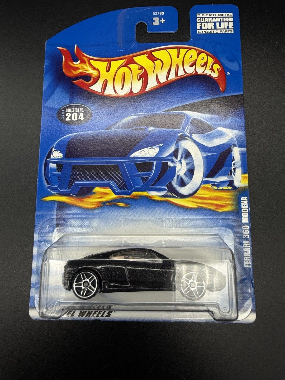 Hot Wheels Ferrari 360 Modena Black Tan 204 Vintage 2001 Blue Card NIP