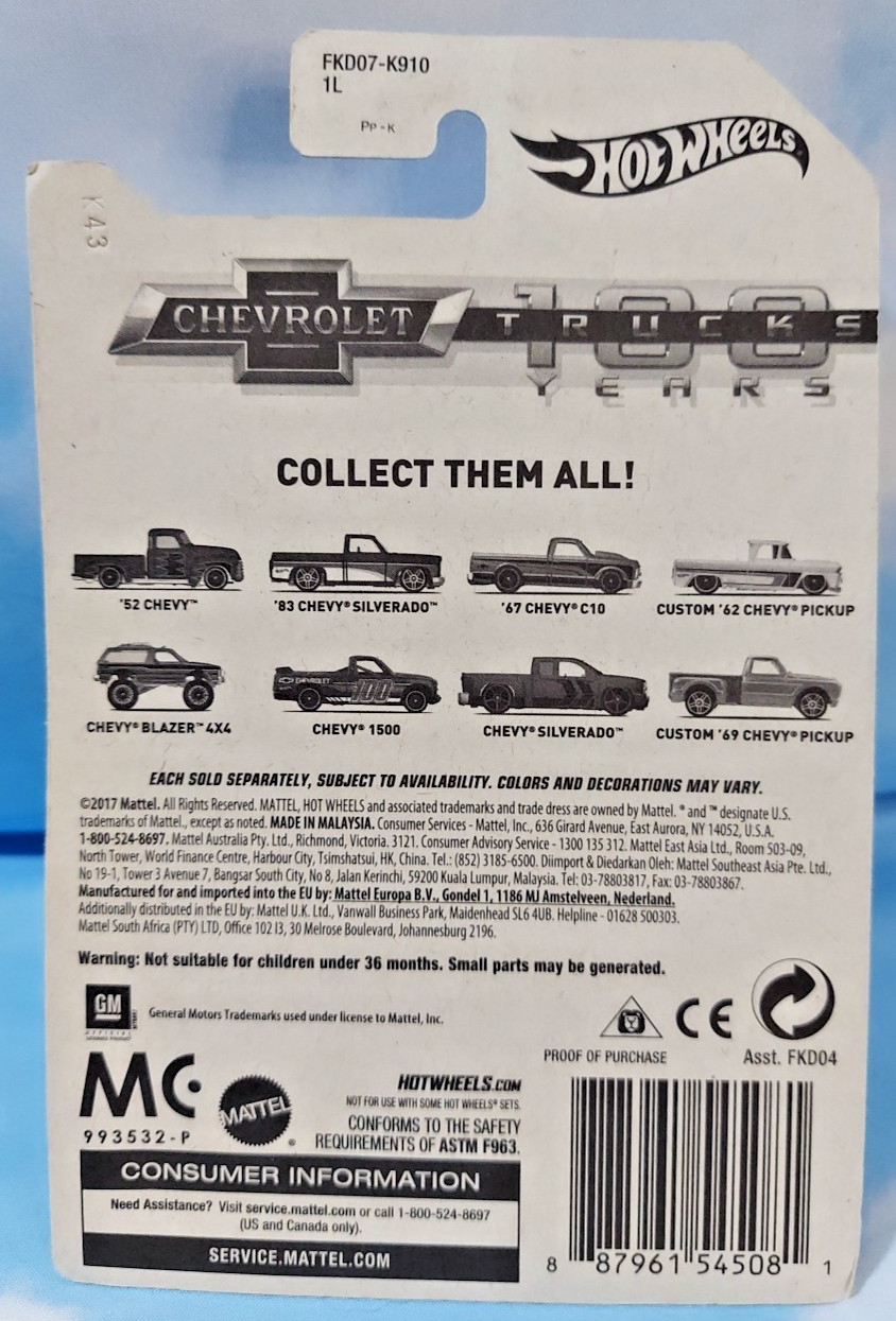 Hot Wheels ~ 100 years Chevrolet Trucks ~ ’67 Chevy C10 ~ Silver ~ 3/8 ~ NIP