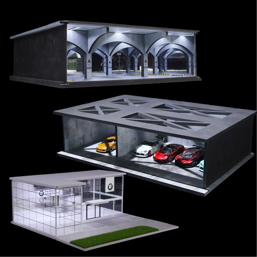 1:64 Garage Diorama Model LED Underground Parking Lot Scene Display Case US