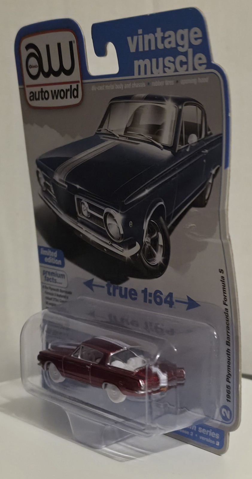 Auto World Vintage Muscle 1965 Plymouth Barracuda Formula S Ultra Red Chase Dmgd