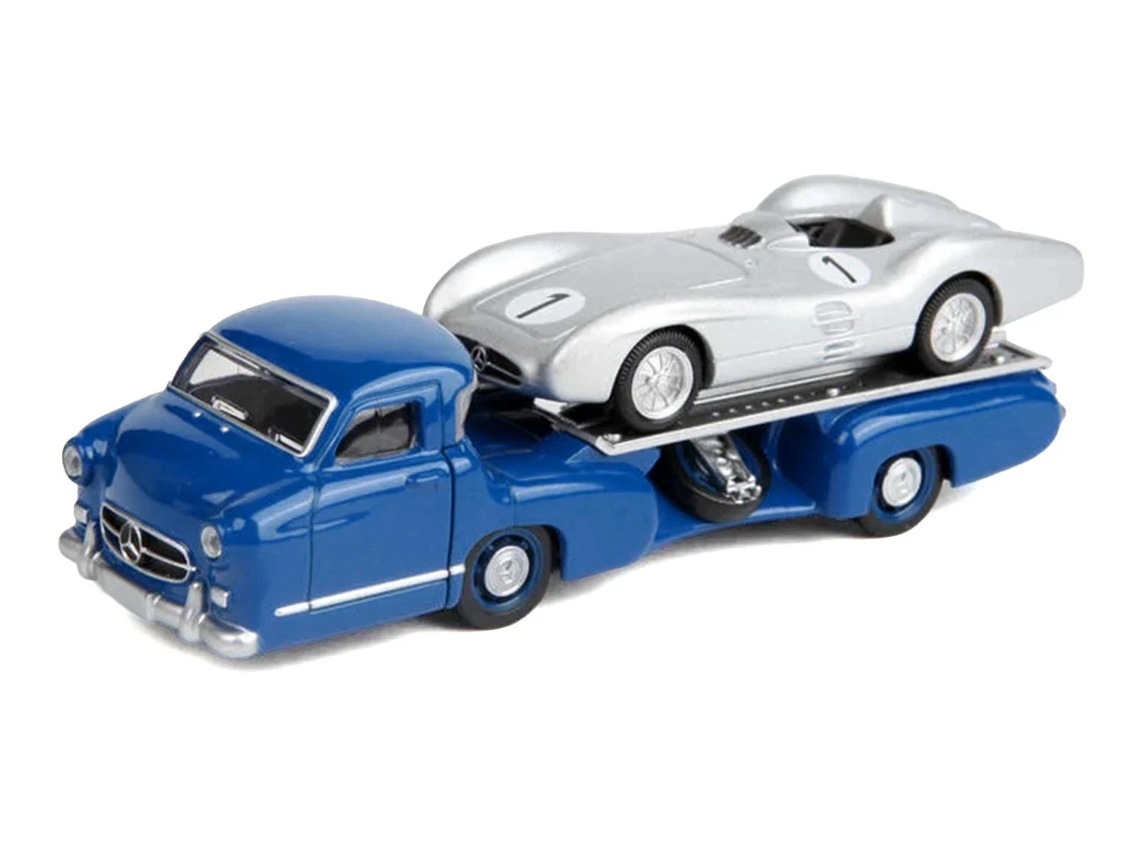 MERCEDES-BENZ RENNTRANSPORTER TRUCK BLUE & 1954 W196 SILVER 1/64 BY NOREV 311000
